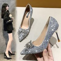 Wholesale Dress Shoes Bridal Butterfly Crystal Pointed Toe Stiletto Shoe Silver High Heels Wedding Bridesmaid Female Pumps