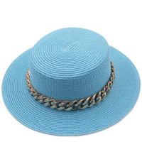 Wholesale Wide Brim Hats Summer Women s Boater Beach Hat With Chain Female Casual Panama Lady Round Flat Top Straw Sun Fedora