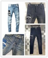 Wholesale Latest Listin Luxurys Designe Mens Jeans Rhinestone Patch Medal Fold Fashion Men Slim Motorcycle Biker Hip Hop Pants Top Quality Size