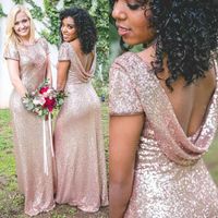 Wholesale Rose Gold Glitter Sequined Bridesmaid Dresses Sexy Backless Jewel Neck Wedding Party Guest Gowns Short Sleeves Floor Length Maid Of Honor Dress Shiny Girls AL9018