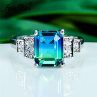 Wholesale mystic blue green stone rectangle rings for women gradient crystal wedding bands unique promise engagement ring rainbow jewelry