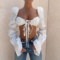 Wholesale Men s T Shirts Fashion Shirred Solid White Hollow Out Puff Sleeve Tie Front Top Women Blouse Shirts Elegant Sexy Backless Crop Tops Blusas