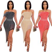 Wholesale Women Night club dresses strapless Rhinestone skirts Skinny one piece Dress sexy gown Party clothes See through revealing skirt Plus size XL Black Red Play suit