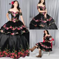 Wholesale Black Quinceanera Dresses Charro Detachable Skirt Floral Embroidered Off The Shoulder Sweet Dress Mexican Theme Plus Size Gothic Masquerade Gowns