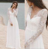 Wholesale 2022 Simple Lace Wedding Dress A Line Full Long Sleeves White Ivory Frence Bridal Gowns Back Open Chiffon Skirt Summer Boho Marriage Party Wear