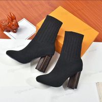 Wholesale autumn winter socks heeled heel boots fashion sexy Knitted elastic boot designer Alphabetic women shoes lady Letter Thick high heels Large size us5 us11 With box