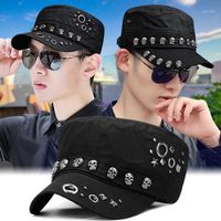 Wholesale Ball Caps Hip Hop Europe United States Punk Hat Male Full Sealing Skull Rivet Flat Cap Outdoor Leisure Military Fashion