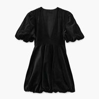 Wholesale Za Vintage Black Velvet Mini Dress Women Fashion V Neck Short Puff Sleeve Dress Woman Voluminous Hem Cute Elegant Dresses