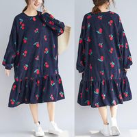 Wholesale Casual Dresses Autumn Embroidery Dress Women Plus Size Bust cm Long Sleeve Corduroy Ruffled Navy Color