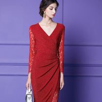 Wholesale pattern designer autumn dress lace stitching silk V neck fashion European and American irregular long casual dresses