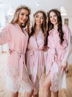 Wholesale Women s Sleepwear Sexy Lace Dressing Gown Bridesmaid Pink Robe Loungewear Up Knee Length Bathrobes Drop Sleeves Robes Women Pijama