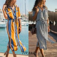Wholesale Women Spring Long Sleeve V Neck Striped Boho Beach Dresses Ladies Autumn Casual Evening Party Long Dress White Cocktail Party Dress V4mJ