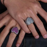 Wholesale Band Rings Pink White CZ Stone Paved Bling Out Heart Shape Men Women White Gold Color Big Wide Hip Hop Ring Jewelry Size
