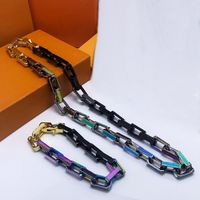 Wholesale Europe America Fashion Jewelry Sets Men Silver Black Gold colour Multicoloured Metal Engraved V Initials Flower Thick Chain Necklace Bracelet M68241 M69449