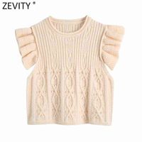 Wholesale Zevity New Women Fashion Crochet Knitting Sweater Lady Agaric Lace Ruffles Sleeveless Casual Slim Vest Crop Pullovers Tops SW821 H1023