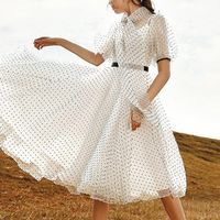 Wholesale Casual Dresses Chic See Though Polka Dot White Dress Summer Runway Bow Tie Lantern Sleeve Women Fit And Flare Bohemian Chiffon Long