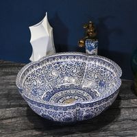 Wholesale Jingdezhen factory directly art hand painted ceramic vessel sink bathroom wash basin blue and white flower shape