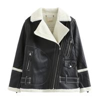 Wholesale Vintage Elegant ZA Trendy Streetwear Lapel Fur like PU Leather Jacket Imitation Lamb Fur Inner Warm