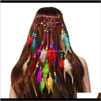 Wholesale Us Warehouse Handmade Multicolor Feather With Flannel And Colorful Beads Dream Catcher Shape Hair Accessories For Women Gift Gxyt Lrfie