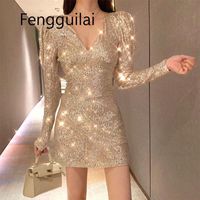 Wholesale Casual Dresses Women Nude Sexy Sequined Bodycon Mini Dress V neck Self Cultivation Slim Elegant Ladies Evening Party