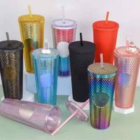 Wholesale 24 oz Personalized Star bucks Iridescent Bling Rainbow Unicorn Studded Cold Cup Tumbler coffee mug with straw