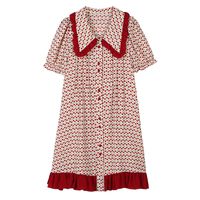 Wholesale Red Cherry Print Peter Pan Collar Ruffle Button Short Sleeve Mini Dress Casual Summer D1409