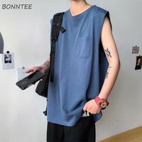 Wholesale Men s Tank Tops Men Tanks Solid O neck Pockets Basic Sleeveless Teens Casual Running Students Korean Style Breathable Male Stylish Top