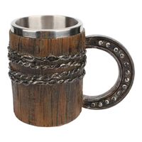 Wholesale Mugs Simulation Wooden Beer Mug Horseshoe Handle Stainless Steel Resin Chain Large Capacity Double Layer Drinking Family Water Cup