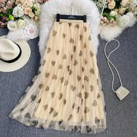 Wholesale Skirts Spring Autumn Elastic Waist Love Printed Mesh Pleated Skirt High A line Large Hem Mid length C101