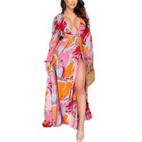 Wholesale Casual Dresses Fashion Long Sleeve Pink Printed Women Side Split Sexy Dress Robe Deep V Party Holiday Gowns Beach Wear