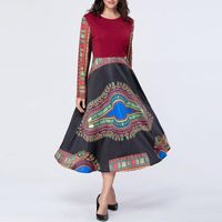 Wholesale Casual Dresses Autumn Vintage Women Folk Dress Geometric Printed Long Sleeve Swing Traditional African Woman Party Female Clohtes