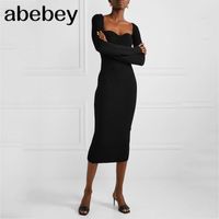 Wholesale SPRING and winter sqaure collar flare sleeves knitting sexy slim pullover long knits dress female WK39101L