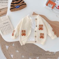 Wholesale Little boys cartoon knitted cardigan girls cute bear pattern sweater outwear spring kids round collar long sleeve casual tops Q3806