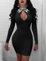 Wholesale Casual Dresses Ladies Sexy Deep High Neck Squined Bandage Long Sleeve Bodycon Cocktail Party Short Mini Pencil Skirt Summer Dress