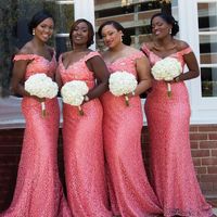 Wholesale Off the shoulder Coral bridesmaid dress with beaded sequins crystals straps lace Mermaid slim wedding party gowns V neck women party gowns
