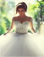 Wholesale Vestidos De Novia Ball Gown Crystal Beading Tulle Bling Wedding Dresses Sheer Long Sleeve Bridal Dress Custom Made