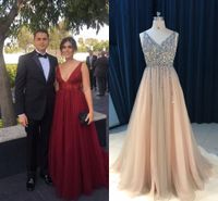 Wholesale Sparkly Deep V neck Pearls Champagne Pageant Prom Dress Wine Red Cheap Long Backless See Through Beaded Backless Tulle Evening Gown