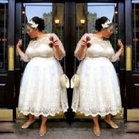 Wholesale Lace Plus Size Short Wedding Dresses Tea Length A Line Bridal Gowns Illusion Long Sleeves Women Wedding Vestidos Custom Made Cheap