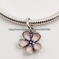 Wholesale 925 Sterling Silver Cherry Blossom Pendant Dangle Charm Bead with Pink Enamel Fits European Pandora Jewelry Bracelets Necklaces Pendant