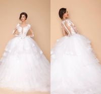 Wholesale Sexy Arabic Sheer Long Sleeves Designer Wedding Ball Gowns Dubai Fashion New Lace Appliques Tiers Puffy Bridal Wedding Party Dresses
