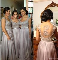 Wholesale Cheap Sexy Silver Prom Dresses Bridesmaid Dresses Lace Appliques Sequins Beads Cap Sleeves V Neck Chiffon Party Evening Gowns CPS233