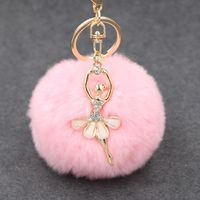 Wholesale Lovely Crystal Dancing Ballet Girl Pendant Keychains cm Rabbit Fur Plush Ball Keyrings soft ball key rings women bags accessories jewelry