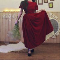 Wholesale Burgandy Wine Dark Red Bateau Short Sleeve V Back Floor Length Long Vintage Prom Dresses Women Gown