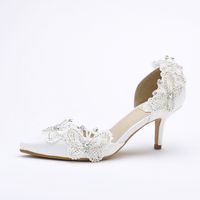 Wholesale Kitten Heel Pointed Toe Bridal Shoes Women White Satin Pumps Butterfly Rhinestone Wedding Party Shoes Mother of the Bride Shoes