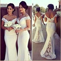 Wholesale Off the Shoulder Elegant Long Bridesmaid Dresses Lace and Taffeta Spring Maid of Honor Gowns Covered Buttons Sexy Backless Under