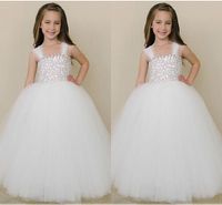Wholesale White Tulle Spaghetti Straps Flower Girl Dresses A Line Puffy Floor LENGTH Stunning Sequins Flower Girl Gowns Formal Kids Pageant Gowns