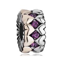 Wholesale Valentine s Day Purple Crystals Gold and Silver Muitiple Raw Heart Charm European Bead Fit Pandora Chamilia Biagi Bracelet