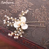 Wholesale 6 Gold Color Flower Leaf U Shape Hair Sticks Pearl Clip Vintage Hair Pins Wedding Accessories Crystal Bridal Head Piece