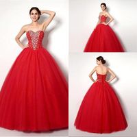 Wholesale Hot Sale Ball Gown Rhinestone Sweetheart Floor Length Beaded Quinceanera Dress Long Prom Party Dresses Red Tulle
