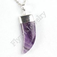 Wholesale Silver Plated Natural Stone Wolf Tooth OX Horn Reiki Pendant Charms Jewelry Rose Quartz Rock Crystal Opal Onyx